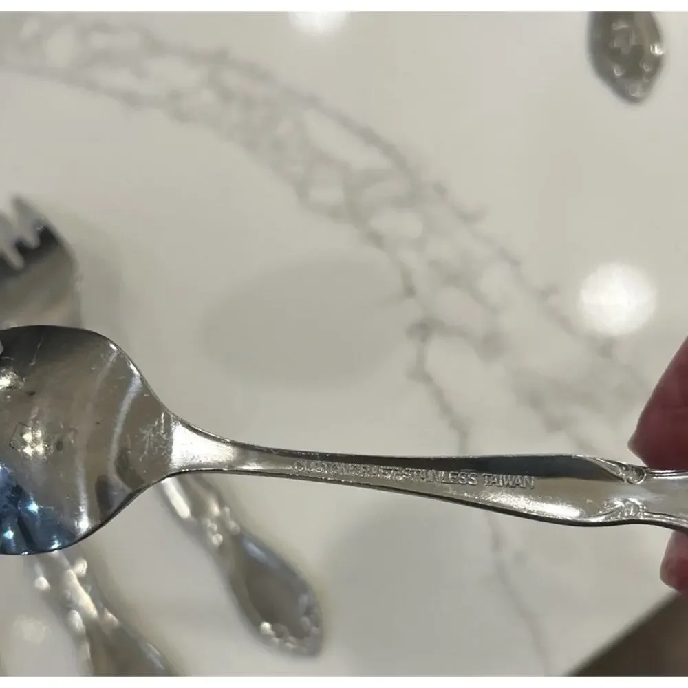 Vtg 4 Pc Serving Utensils “T” Monogram Custom Made Floral Stainless Flatware EUC